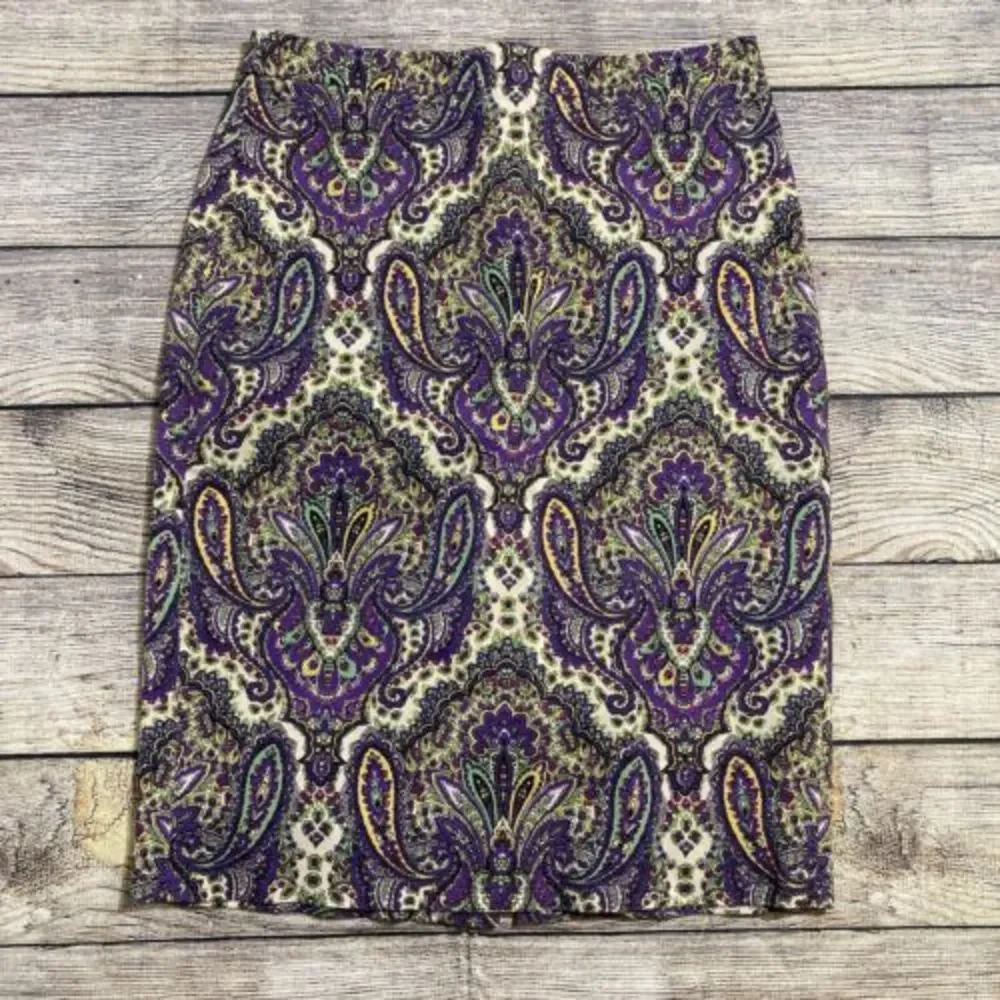 J.Crew Sz 2 Purple Green‎ Paisley No.2 Pencil Skirt Cotton Twill Stretch